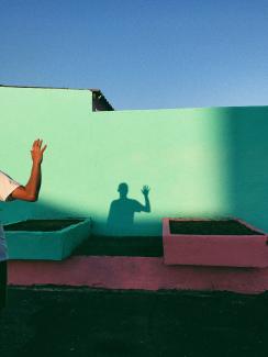 person waving reflecting shadow on teal wall paint by Ioana Cristiana courtesy of Unsplash.
